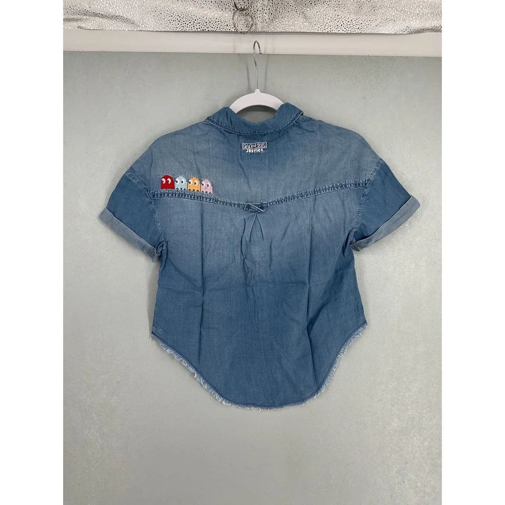 Justice Girls Denim Shirt Pac-Man Embroidery Raw Hem Blue S 7/8